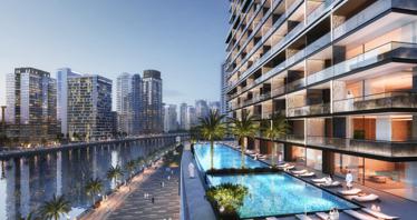 Futuristic residential complex with views of the waterfront, the Dubai Canal and the Burj Khalifa, Business Bay, Dubai, UAE