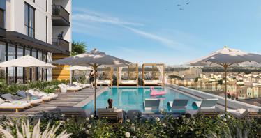 The Portman residential complex with a swimming pool and lounge areas close to Burj Khalifa and Dubai Marina, JVC, Dubai, UAE