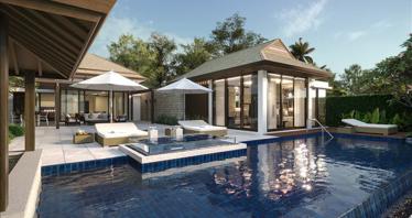 Complex of villas with swimming pools and jacuzzis directly on Bang Tao Beach, Phuket, Thailand