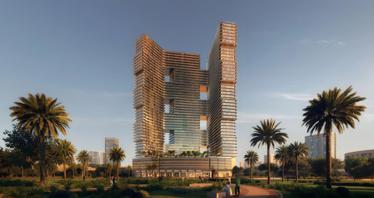 New high-rise residence Sky Terraces with an artificial beach and restaurants, Motor City, Dubai, UAE