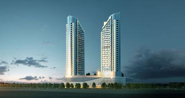 High-rise residence Cloud Tower with swimming pools and sports grounds in the city center, JVT, Dubai, UAE