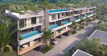 Gated complex of townhouses with swimming pools on the first sea line, Bang Tao, Phuket, Thailand