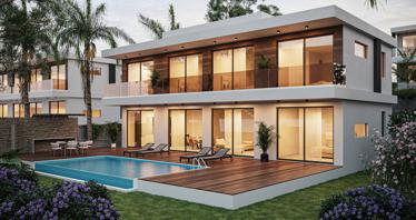 Modern residential complex of villas with swimming pools and parking lots in Peyia, Paphos, Cyprus