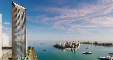 Luxury high-rise residence Nautica with a swimming pool and a marina, Dubai Maritime city, Dubai, UAE