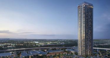 New high-rise project Lyvia with swimming pools, a garden and kids' play areas, Dubai Creek Harbour, Dubai, UAE