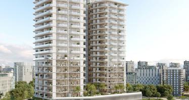 New complex of furnished apartments Cove Grand with swimming pools, lounge areas and mini golf, Dubai Land Residence Complex, UAE